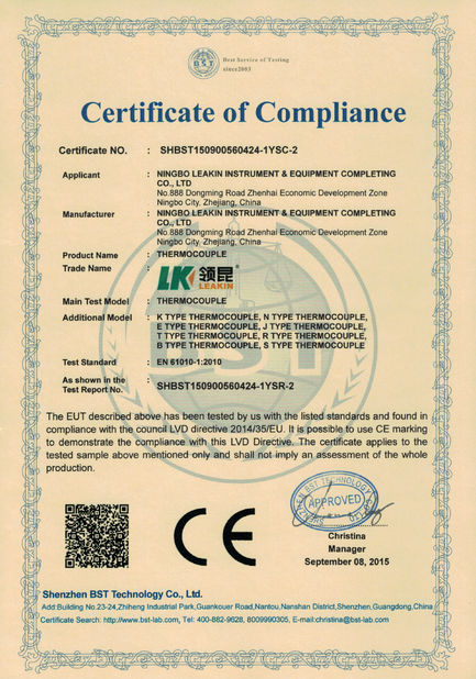 Chiny Ningbo Leadkin Instrument Complete Sets of Equipment Co., Ltd. Certyfikaty